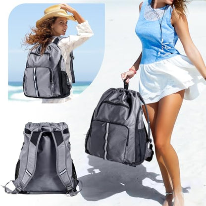 Large Beach Backpack Waterproof Sandproof - Customized Oversized Drawstring Pool Bag with Shoe Compartment for Toiletries, Towels, Gym, Travel - color: Grey, size: Large