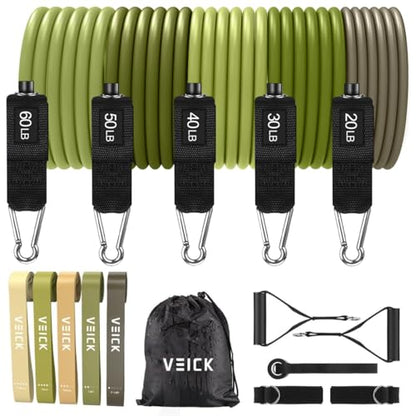 VEICK 10-150LBS Resistance Bands with Handles, Ankle Straps, Door Anchor | Accredited Lab Certified, 100% Natural Latex, Versatile for Yoga, Pilates, Strength, Home Gym - color: Army Green, style: 20-200LBS + 5 Loop Bands