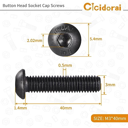 M3-0.5 x 40mm Button Head Socket Cap Bolts Screws, 10.9 Grade Alloy Steel, Black Oxide Finish, Machine Thread, Allen Socket Drive, Quantity 50