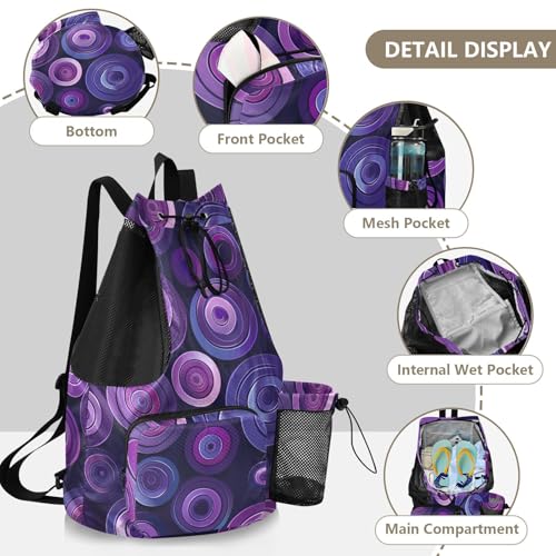 Drawstring Climbing Gym Bag With Inside Pockets Drawstring Bags For Men Women with Wet Dry Compartments Circle Pattern Amethyst