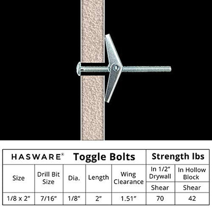 HASWARE Toggle Bolt Zinc Plated Steel and Wing Nut for Hanging Heavy Items on Drywall 1/8 x 2 (25 Pack) - size: 1/8 x 2" (25 Pack)