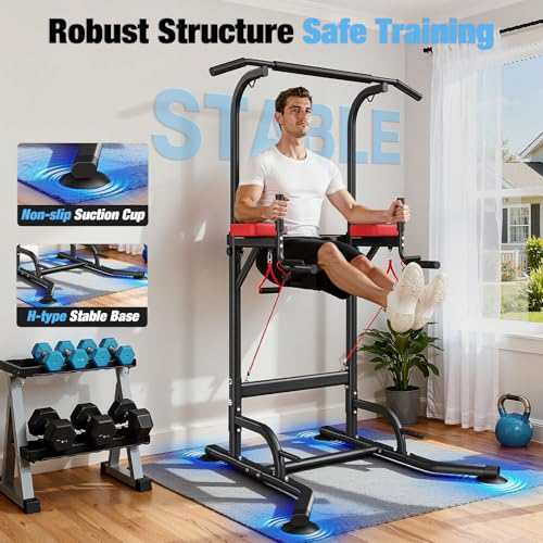Dskeuzeew Pull Up Bar Free Standing for Multi-Function Home Gym Strength, Pull Up Dip Station Assistive Trainer Height Adjustable, Power Tower Training Heavy-Duty Fitness Equipment - color: Black Red