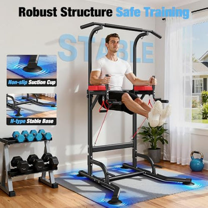 Dskeuzeew Pull Up Bar Free Standing for Multi-Function Home Gym Strength, Pull Up Dip Station Assistive Trainer Height Adjustable, Power Tower Training Heavy-Duty Fitness Equipment - color: Black Red