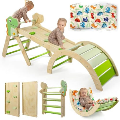 Pikler Triangle Set with Cushion, 7 in 1 Toddler Climbing Toys Indoor | Foldable Space-saving Design, Montessori-inspired Learning, Reversible Slide & Ramp, ASTM F963 Standards for Toddlers 18M-5Y - color: Dinosaur