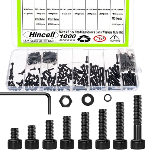 1000Pcs M3 Screws Assortment Kit, 12.9 Grade Hex Bolts Set for 3D Printer | M3x6/8/10/12/16/20/25/30mm,12.9 Grade Black Zinc Plated - size: M3x6/8/10/12/16/20/25/30mm