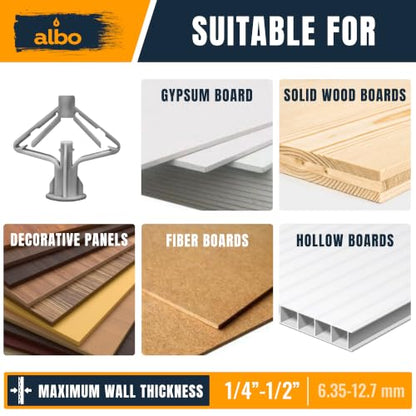 ALBO Drywall Anchor Kit Hollow Wall with Screws 100 pcs. (Grey Anchor 50pcs + Screws 50pcs) Plastic Hollow Wall Drilling Anchors - color: Grey 50pcs