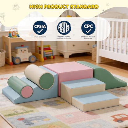 Soft Climbing Toys for Toddlers, 7-Piece Foam Climbing Blocks with PU Leather Cover, Modular Climb and Crawl Activity Play Set for Indoor Playroom (Pink)