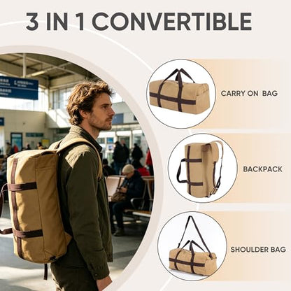 Large Canvas Travel Duffle Bag Heavy Duty, 3-in-1 Convertible Travel Bag with Backpack Straps for Gym, Sports, Travel, Camping(Khaki) - color: Khaki