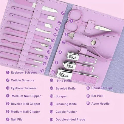 Manicure Set Professional Nail Clippers Pedicure Kit, 16 pcs Stainless Steel Nail Care Tools Grooming Kit with Luxurious Travel Leather Case for Thick Nails Men Women (Violet)