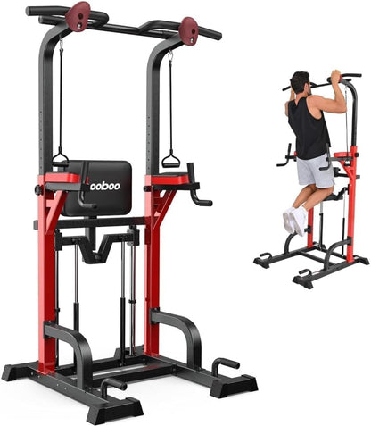Pooboo Power Tower Dip Station Pull Up Bar for Fitness Home Gym Workout,450 Pounds Multi-Function Adjustable Height Fitness Strength Training Exercise Equipment,with Power Elastic Ropes - color: Black10