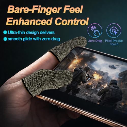 Bluradio 6 Pack Gaming Finger Sleeves for Mobile Gaming | 0.15mm Ultra-Thin, Anti-Sweat Nanofiber, Touchscreen Thumb Sleeves, For PUBG, COD Mobile, Free Fire - color: Black-Gold