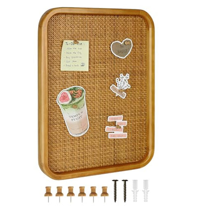 13" x 17" Bulletin Board, Round-Edged Rectangle Rattan Corkboard, Wooden Frame Boho Style Wall Organizer,3343Teng - size: 13*17 inch