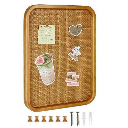 13" x 17" Bulletin Board, Round-Edged Rectangle Rattan Corkboard, Wooden Frame Boho Style Wall Organizer,3343Teng - size: 13*17 inch