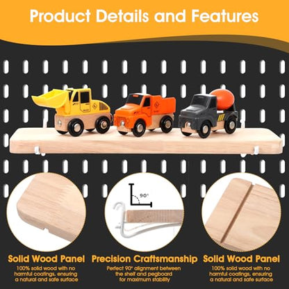 Lemecima 2 Pcs Pegboard Shelves, Solid Wood Wall Shelf with Hooks, Compatible with Skadis Pegboard, Organizer Accessories for Home & Office