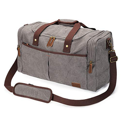 S-ZONE 65L Expandable Canvas Duffle Bag Travel Overnight Holdall Weekend Bag with Shoes Compartment Large Carry On Bag Tote Gym Bag for Men Women, Light Gray, X-Large, Travel Duffle | Water-resistant, X-Large Size, Multi-Pockets, Removable Shoulder Strap,