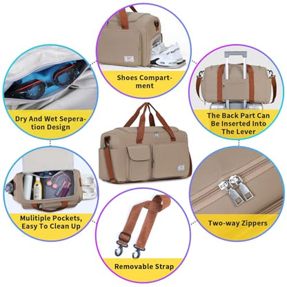 FIORETTO Women's Gym Duffle Bag with Shoes Compartment, 30L Capacity, Ideal for Travel, Gym, Sports, Duffel, Weekender - color: Khaki, style: Gym Bag
