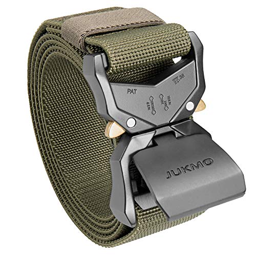 JUKMO Tactical Belt, Military Hiking Rigger 1.5" Nylon Web Work Belt | Heavy Duty Quick Release Aluminum Alloy Buckle & Stretch Belt Strap - color: Amy Green, size: Small-for Waist 30"-36" (Length 45")