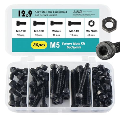 M5 x 10mm 20mm 30mm 40mm Hex Socket Head Cap Screws Bolts and Nuts, 12.9 Grade Alloy Steel, Black Oxide Finish, Metric Allen Drive, Fully Thread, Assortment Kit 80PCS - size: Socket M5x10-40mm+Nuts