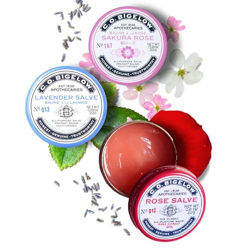 C.O. Bigelow Assorted Salve Tins, Rose, Lavender, and Sakura Rose | All Purpose Salve for Lips, Cuticles, Hands & Dry Skin - Lip Balm Set - Multi Purpose Moisture - Travel Friendly Tins