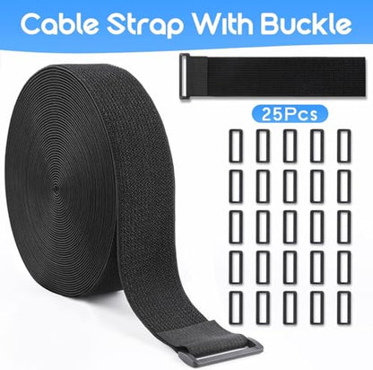 2In x 20Ft Cinch Straps Nylon Heavy Duty with 25 Buckles, Cut to Length, Black Hook and Loop Straps, Reusable Long Cable Ties for Storage and Cord Organizer - size: 2In x 20Ft Black
