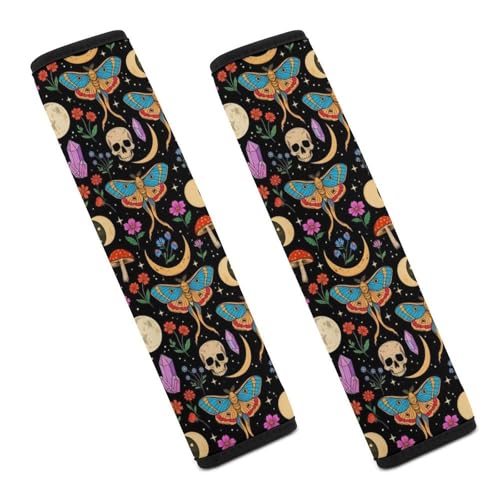 Universal Soft And Comfortable Car Seat Straps Shoulder Pads for Girls And Boys, Most Cars, 1 Pair Moth Boho Mushroom Hippie Skull Floral Plant Moon Phase Harness Pads Strap Comfortable Driving - color: Pattern 126