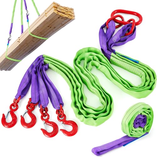 2 Pcs 6.6 ft Polyester Lifting Straps Set - Four Leg Bridle Web Sling & Endless Round Slings Rigging Straps for Hoist, Engine, Crane, Machinery Moving & Tree Stump Removal 6600 lbs Capacity