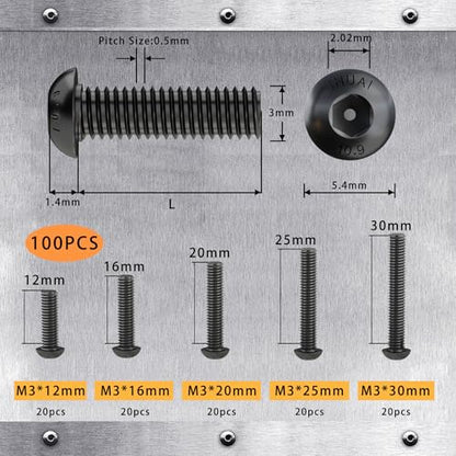 M3 x 12mm 16mm 20mm 25mm 30mm Button Head Socket Cap Screws Bolts, 10.9 Grade Alloy Steel, Metric Allen Hex Drive, Black Oxide Finish, Fully Threaded, Assortment Kit 100Pcs - size: Button Head M3x12, 16, 20, 25, 30mm(100pcs)