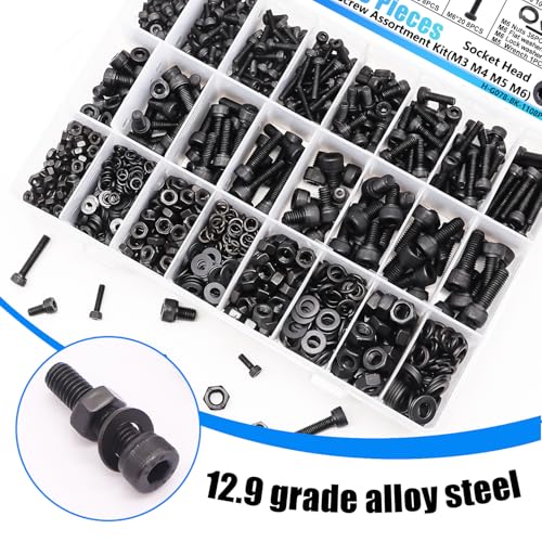1108PCS Metric Screw Assortment Kit, M3 M4 M5 M6 Metric Bolts and Nuts Kit with with Lock & Flat Washers, 12.9 Grade Alloy Steel Hex Socket Head Cap Screws for 3D Printing - size: M3 M4 M5 M6, style: Socket Head