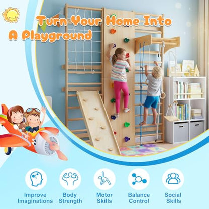 10-in-1 Swedish Ladder Wall Gym Set, Wooden Indoor Climbing Frame for Kids and Adults with Slide, Swing, Rock Climbing Wall, Gymnastic Rings, Rope Ladder, and Pull-Up Bar, Home Playground