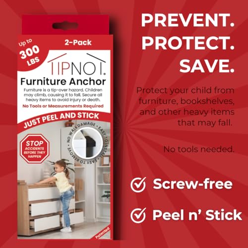 Adhesive Furniture Anchor, No-Drill, Aesthetic & Invisible Once Installed, Anti-Tip Furniture Safety Anchor to Childproof and Babyproof Your Home, Holds Up to 300 Pounds, 2-Pack - size: Furniture Anchor