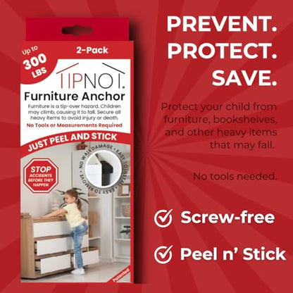 Adhesive Furniture Anchor, No-Drill, Aesthetic & Invisible Once Installed, Anti-Tip Furniture Safety Anchor to Childproof and Babyproof Your Home, Holds Up to 300 Pounds, 2-Pack - size: Furniture Anchor