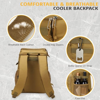 25L Insulated Cooler Backpack Water-Resistant Molle Cooler Bag for Camping | 25L Large Capacity Tactical Cooler Backpack Bag with Compartment Insulation Water-Resistant & Leakproof Durable & Comfortable - color: Brown
