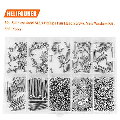 HELIFOUNER 560 Pieces M2.5 x 4mm /6mm /8mm /10mm /12mm /16mm /20mm, Phillips Pan Head Machine Screws, Metric Screws Bolts Washers Nuts Kit, 304 Stainless Steel - size: M2.5, style: Phillips Pan Head