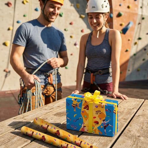 Liobelon Rock Climbing Wrapping Paper Roll – 17" x 16.5 Ft Climbing Gear Gift Wrap with Climbers, Carabiner, Rope & Chalk Bag, Bouldering Birthday Supplies for Outdoor Adventurers - color: Rock Climbing