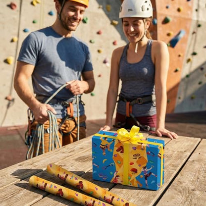 Liobelon Rock Climbing Wrapping Paper Roll – 17" x 16.5 Ft Climbing Gear Gift Wrap with Climbers, Carabiner, Rope & Chalk Bag, Bouldering Birthday Supplies for Outdoor Adventurers - color: Rock Climbing