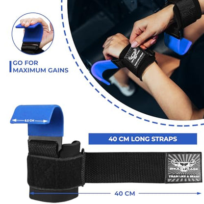 BEAST RAGE Workout Hooks for Men, Durable Coated Grip Gym Straps for Weightlifting Wrist Wraps Training Weight Lifting Strength Fitness Bodybuilding Anti Slip Women Hook Exercise - color: Blue