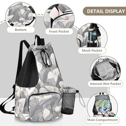 Drawstring Bags Climbing Gym Bag With Pockets String Bookbag Waterproof Safari Calla Lily Grey Flower