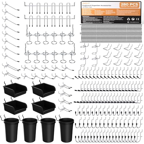 INCLY 280PCS Upgraded Pegboard Hooks Assortment with Bins & Cups | Pegboard Accessories Organizer Kit, 1/8 or 1/4 inch Peg Board Hooks for Hanging Tools, Garage Warehouse Wall Organization - size: 280 PCS