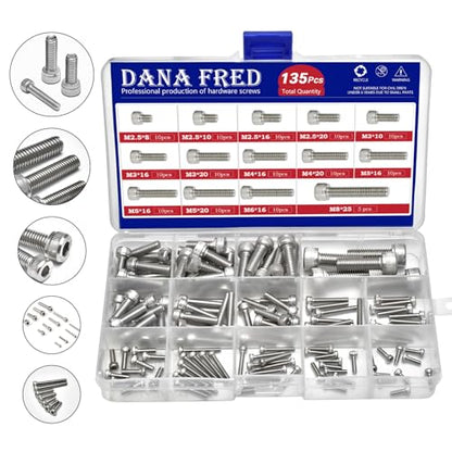 M2.5-M8 Hex Socket Head Cap Screw Metric Thread Hexagon Allen Machine Bolt 135Pcs M2.5 M3 M4 M5 M6 M8 304 Stainless Steel Metal Standard Fastener Hardware Assortment Set for Home Furniture Fastener