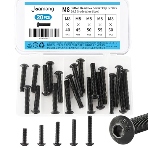 M8 x 40mm 45mm 50mm 55mm 60mm Button Head Socket Cap Screws Bolts, 10.9 Grade Alloy Steel, Black Oxide Finish, Metric Allen Hex Drive, Fully Threaded, Assortment Kit 20Pcs - size: Button M8x40-60 mm