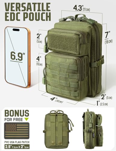 2 Pack Molle Accessories Tactical EDC Pouch, Small Tool Bag, Utility Phone Holder IFAK for Duty Belt, Backpack, Vest (Includes 2 US Flag Patch) - color: Green