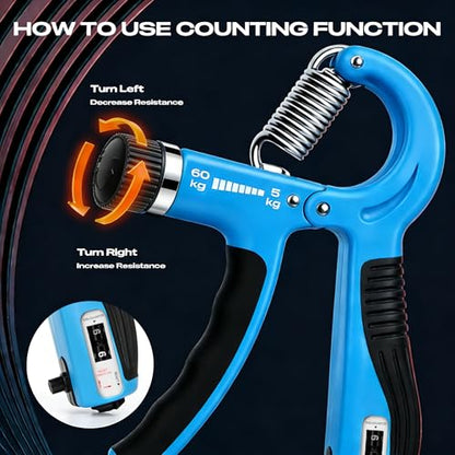 JTHEW Grip Strength Trainer - Adjustable Resistance 11-132lbs/5-60kg Hand Gripper & Forearm Strengthener Device with Smart Counter for Sports & Rehab - color: Blue