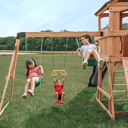 Backyard Discovery Sterling Point Cedar Wood Swing Set with Wave Slide, Raised Clubhouse, Wooden Bridge, Rock Wall, Belt Swings, Web Swing, Trapeze, Balcony, Climbing Wall, Ladder, Outdoor Playset - color: Grey Slide, style: Cedar