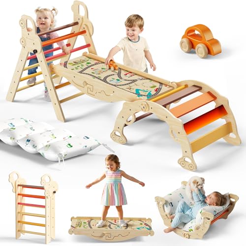 10-in-1 Pikler Triangle Set with Cushion, Sahara Sunset | Foldable Montessori Climbing Toys for Indoor Play, Wooden Toddler Gym for Balance, Coordination and Car-track Fun - color: Sahara Sunset