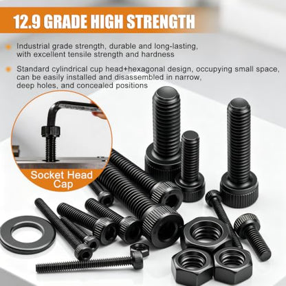 mankk 2000PCS Metric Screw Bolt Assortment Kit M2/M3/M4/M5/M6 Hex Socket Head Cap Bolts Nuts & Washers Set 12.9 Grade Alloy Steel Zinc Plated Metric Machine Screws - size: M2/M3/M4/M5/M6, style: Hex Socket Cap