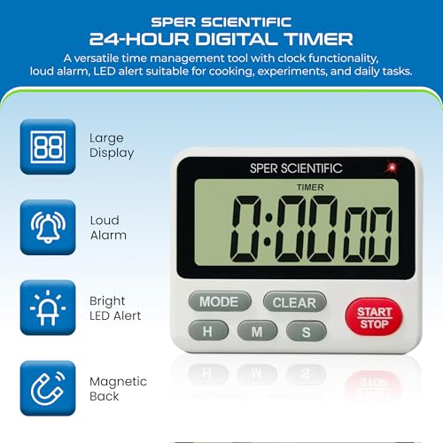 Sper Scientific 24-Hour Digital Lab + Kitchen Timer with LED Light 810001 - Precision Countdown Timer with Large Display, Loud Alarm & Clock Mode - for Cooking, Lab Experiments & More - 4 pc - size: 4 Pack