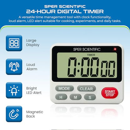 Sper Scientific 24-Hour Digital Lab + Kitchen Timer with LED Light 810001 - Precision Countdown Timer with Large Display, Loud Alarm & Clock Mode - for Cooking, Lab Experiments & More - 4 pc - size: 4 Pack