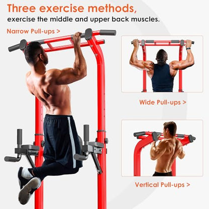 soges Power Tower Pull Up Bar Station, Dip Station for Home Gym, Height Adjustable Heavy Duty Strength Home Training Fitness Workout Equipment - color: Red-Bands