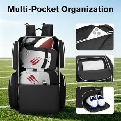 Football Backpack Bag with Separate Shoe Compartment, Large Capacity Sports Gear Bag with Multiple Pockets, Fence Hook & Padded Shoulder Straps, Durable Sports Duffel for Youth and Adult Players