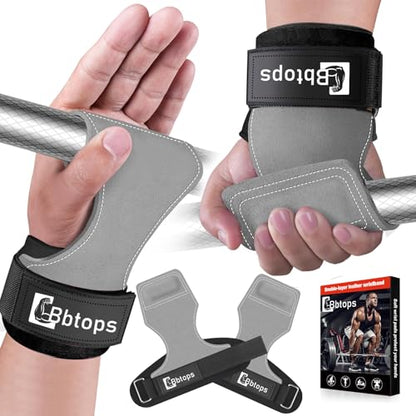 Weight Lifting Wrist Strap, Double-Layer Leather Wrist Straps for Gym Strength Training Weightlifting,Deadlift and Powerlifting, Enhance Grip Strength Neoprene Padding Gym Workout Lifting Straps Men/Women Pair - color: Gray